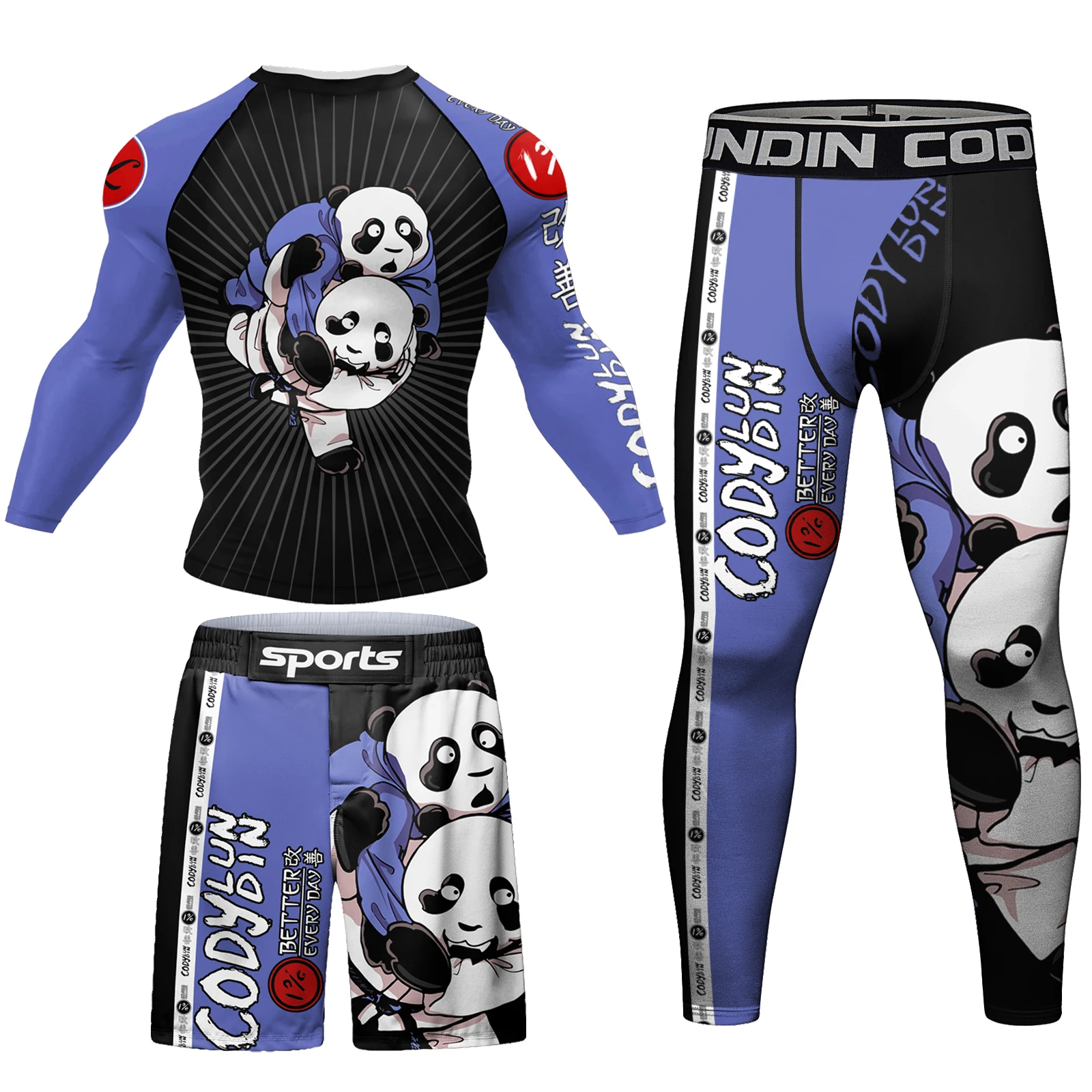 Cody Lundin BJJ Rash Guard Set Jiu Jitsu Tight Shirt+Shorts+Men's Pants Cartoon Printed MMA Fighting Training Sportswear