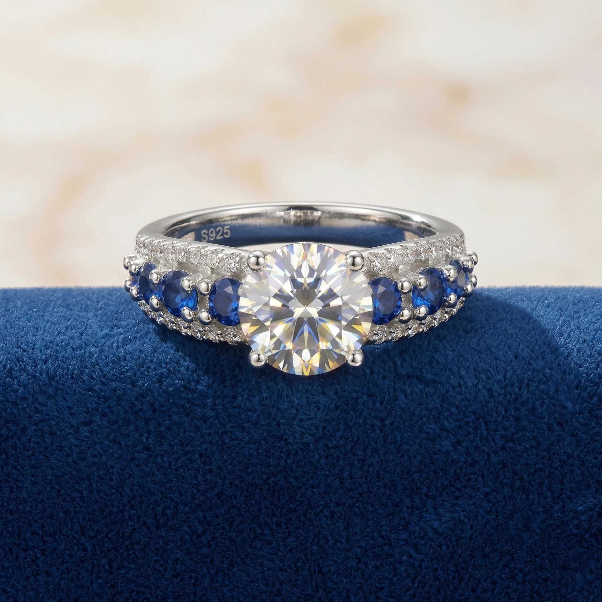 Moissanite Ring, 925 Silver, D Color VVS1, 3ct Sapphire Side Stones, Engagement Jewelry, Women's, Pass Diamond Tester