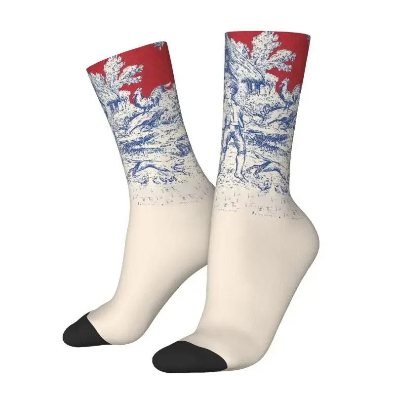 Novelty Men's Vintage Toile De Jouy Navy Blue Motif Male Dress Sock Unisex Breathable 3D Print Classic French Style Crew Socks