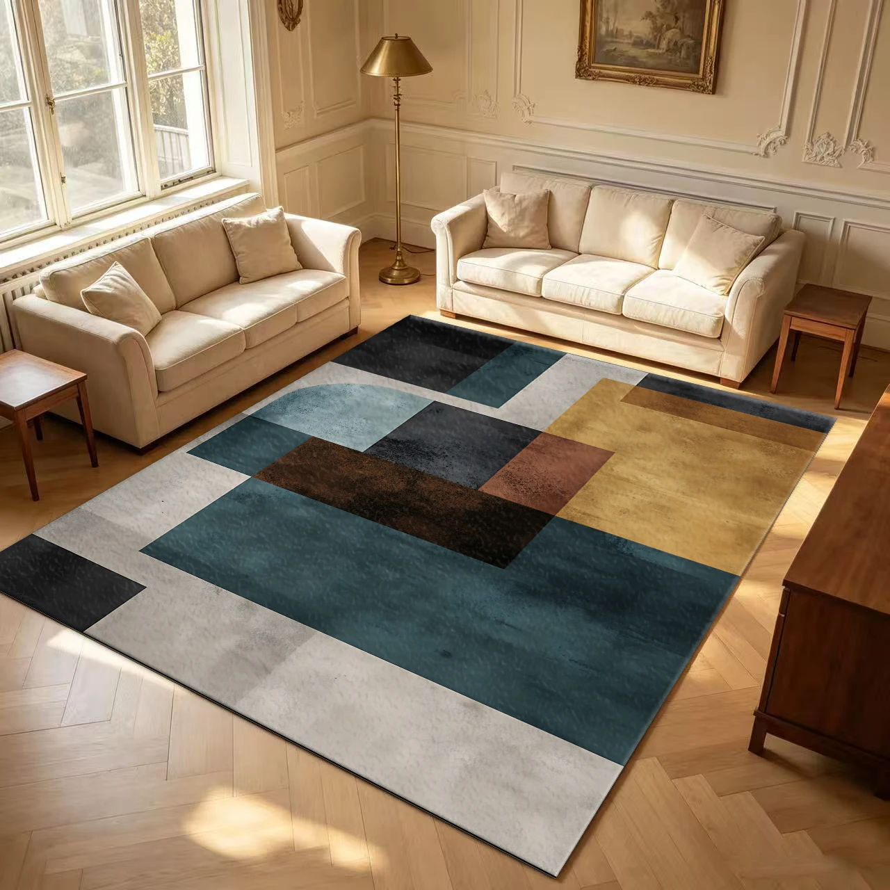 Mid Century Abstract Geometric Block Carpet Flooring Vintage Textured Large Area Rug for Living Room Home Decor