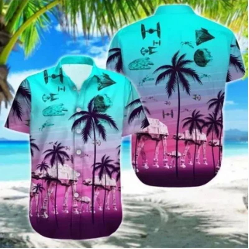 Hawaii Beautiful Coconut Leaf Patterned Shirt For Men Color Gradient 3D Printed Beach Shirt Casual Loose Short Sleeve Shirt
