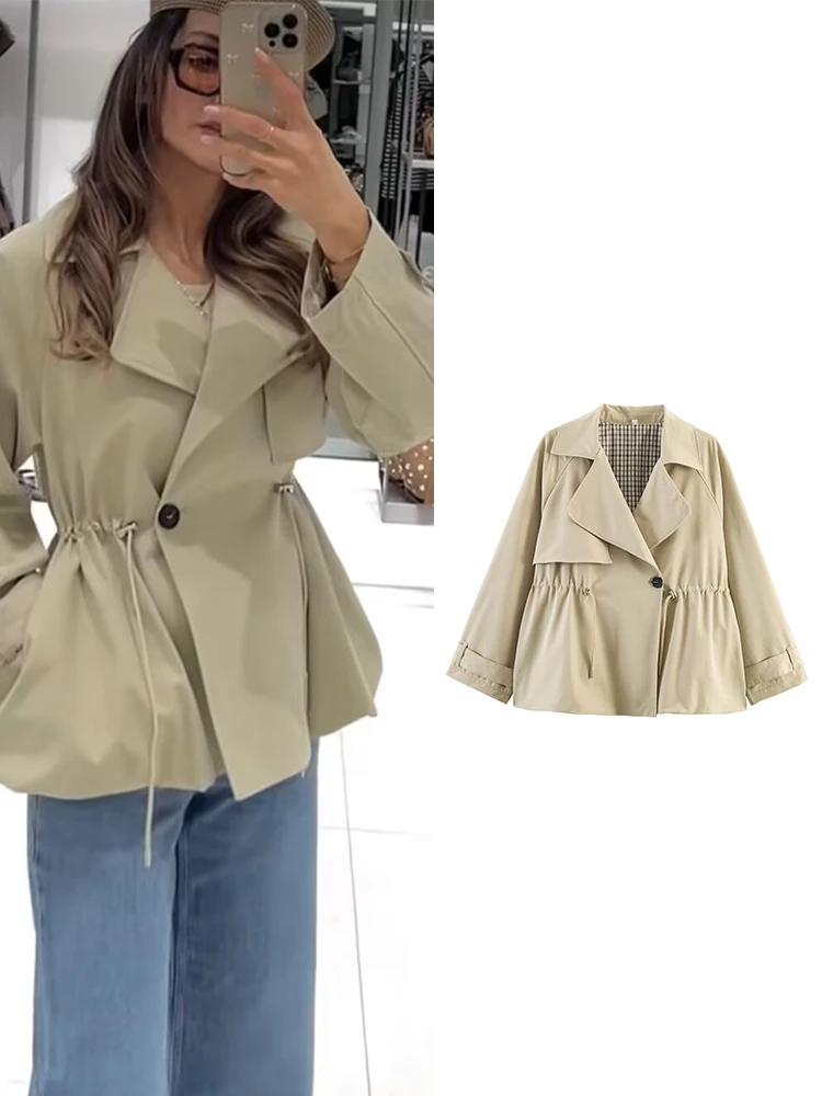 

TFMLN Women Lapel V-neck Trench Coat Full Sleeve Drawstring Windbreak Jacket Fashion Daily Street Outerwear Spring Autumn