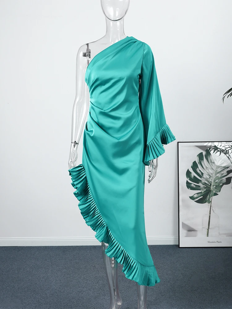 فساتين حريمي فستان أنيق للحفلات من الساتان بكتف واحد مكشكش فستان ميدي مثير أنيق فستان رسمي ملابس نسائية ملابس خارجية جديدة