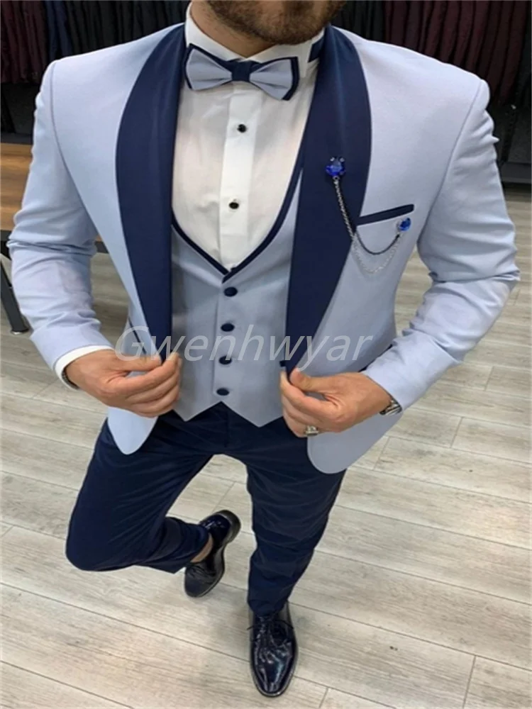 

Gwenhwyar небесно-голубой мужской костюм для выпускного вечера, свадьбы, жениха, смокинг на заказ, приталенный мужской костюм, рабочая одежда (куртка + брюки + жилет), костюм Homme