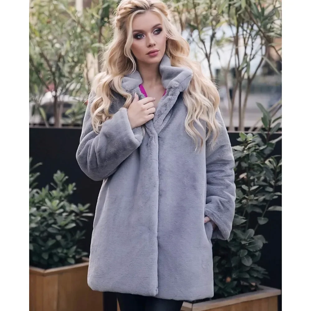 Popular Rex Rabbit Fur Coat Women's Standing Collar Winter Fur Coat Medium Long Street Fur Coat