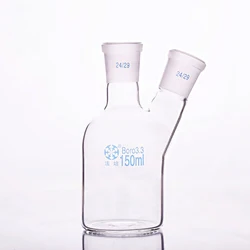 FAPE Single-deck cylindrical two-necked flat-bottom flask 150mL, Main 24/29, Side 24/29, Single-deck cylindrical reactor bottle