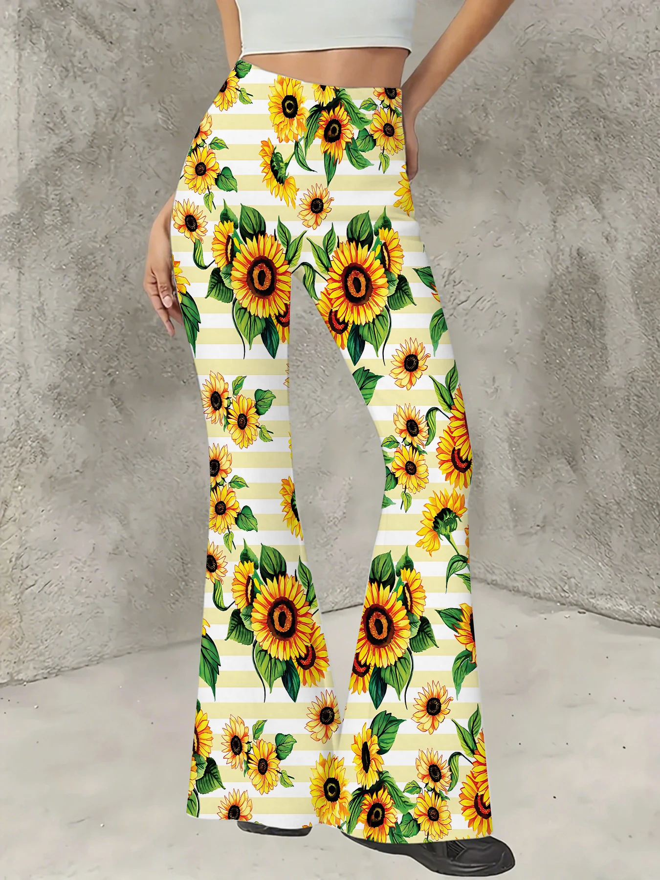 

Women's Print Flare Pants Casual High Waist Knit Bell Bottom Trousers Boho