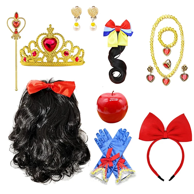Snow White Princess Accessories Synthetic Tiara Crown Headband Wand Gloves Necklace Girls Kids Cosplay Dress Up Gift Set