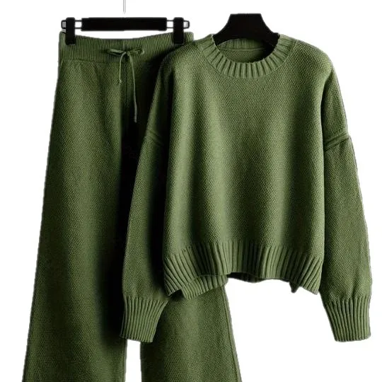 Herbst Winter Mode Lässig Gestrickte Faul Set frauen Lose Pullover Breite Bein Hosen Lange Hosen Zwei Stück Set
