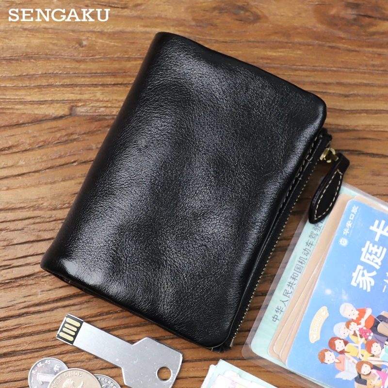 Fashion Men's Short Wallet Genuine Leather Card Holder Wallet Coin Purse With Zipper Small Thin Male Short Wallets Money Bag