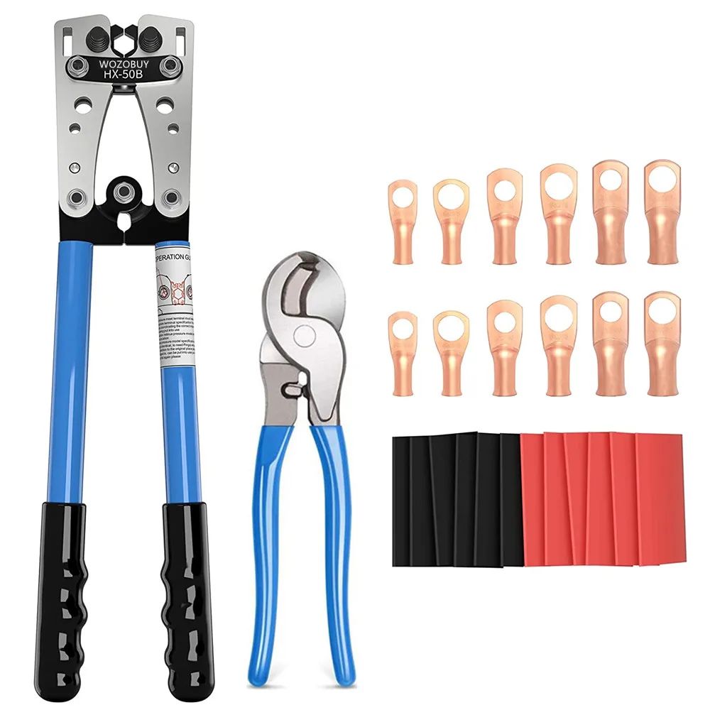 Battery Cable wire Lug Crimping Tool for AWG 8-1/0 Electrical Lug Crimper with Cable Cutter and 12PCS Ring Terminal Connectors