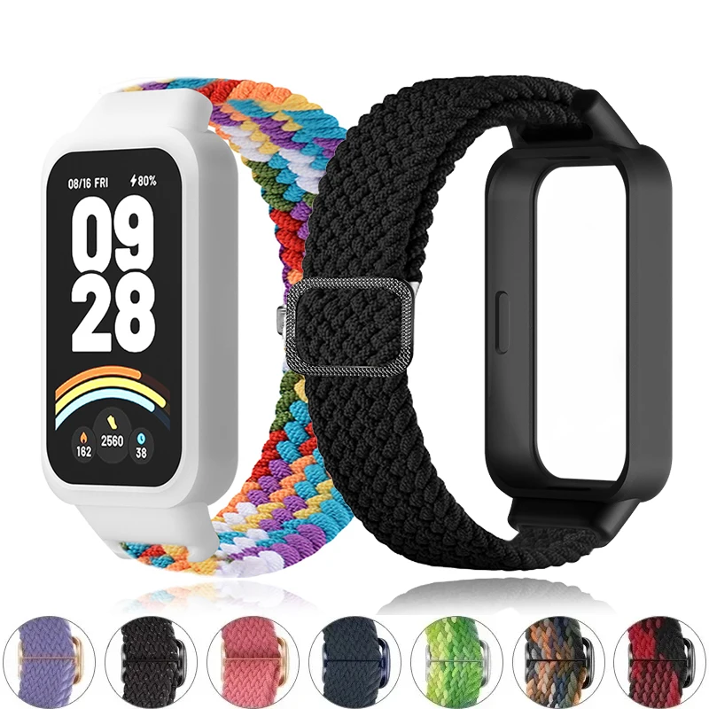 Pulseira Trançada Solo Loop + Capa para Redmi Band 3 2, Acessórios de Nylon Esportivos, Pulseira Ajustável para Xiaomi Miband 9 8 Active