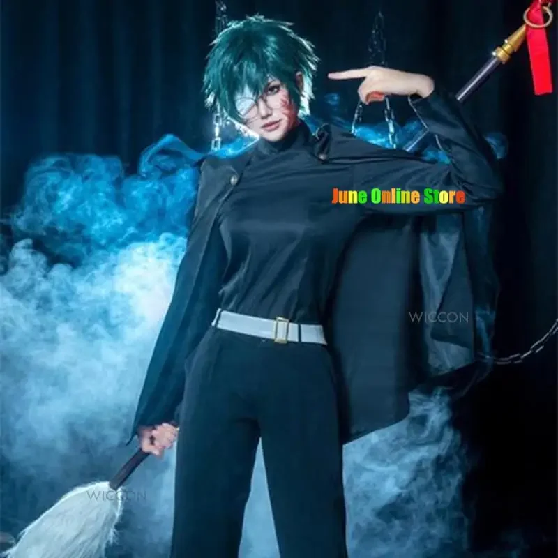 2025 New Anime Zenin Maki Cosplay Costume Jujutsu Kaisen Season 2 Dark Blue Cloak Glasses Tattoo Green Short Wig Bandages AA