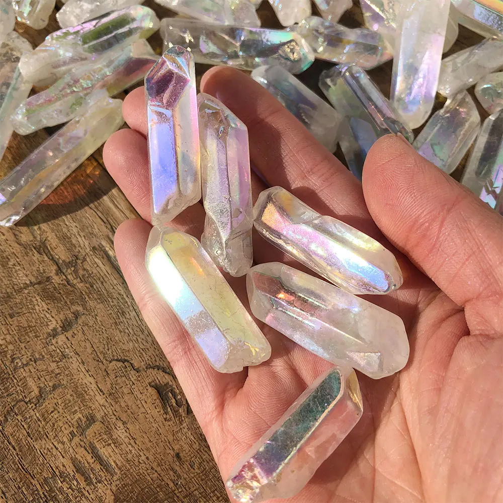 Electroplated Crystal Stones Aura AB Rainbow Clear Quartz Crystals Wand Natural Stone Point Home Decoration Mineral Reiki Chakra