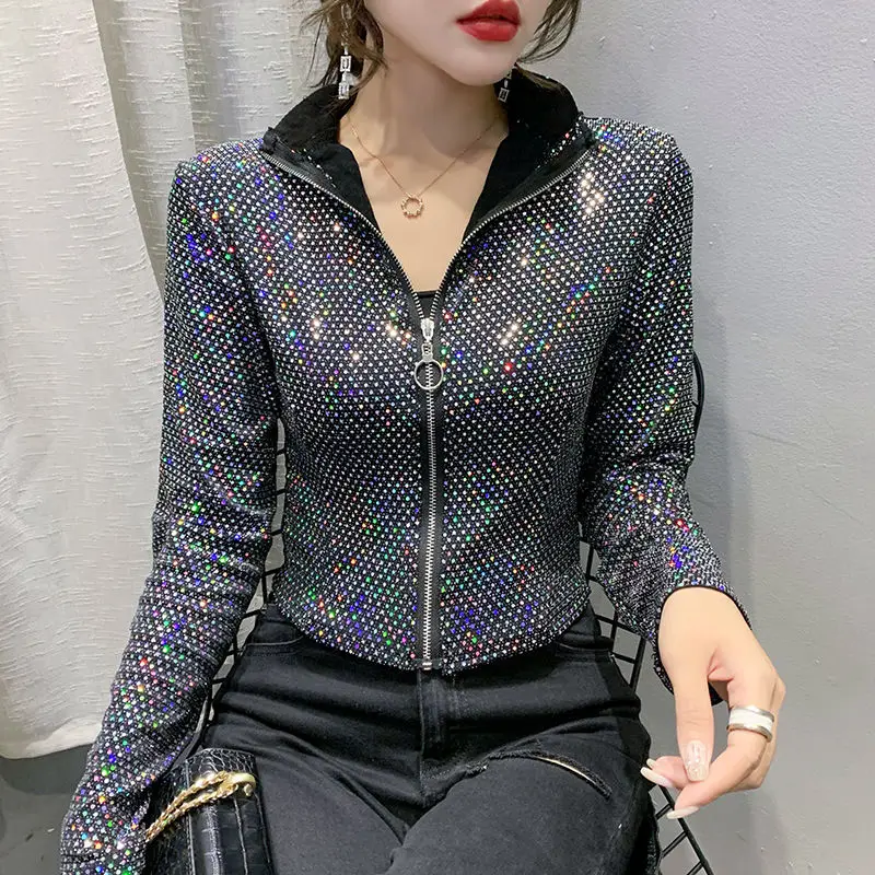 

Autumn New Women Jacket Glitter Sequined Short Jackets Fashion Female Long Sleeve Design Sense Sexy Bottoming Shirt
