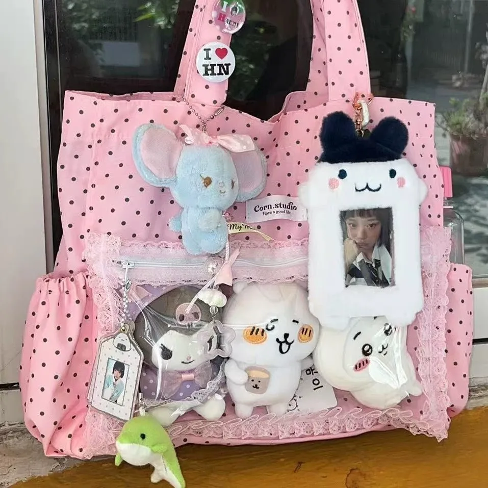 New Y2k Cute Ita Bag Girls Transparent Tote Bag Fashionable Large Capacity Polka Dot Canvas Shoulder Bag Casual Commuter Handbag