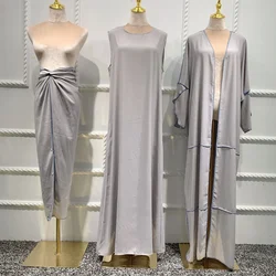 Women Solid Color Abaya Islamic Ramadan Dubai Kaftan Muslim Hijab Dress Arabic Open Kimono+Dress+Wrap Turkey Middle East Clothes