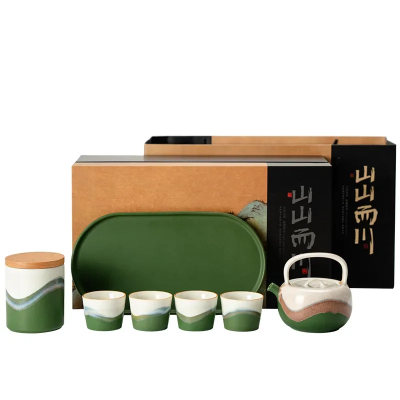 Traditional Chinese Color Green Teapot Tea Set Gift Box One Pot Four Cups Chinese Style Gift for Elders Tea Sets Complete Set