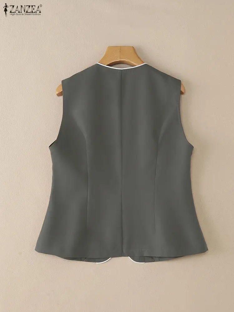 ZANZEA-Chalecos de moda para mujer, Tops elegantes y elegantes con contraste, cuello redondo, sin mangas, abotonados, chalecos de Color sólido, ropa para mujer