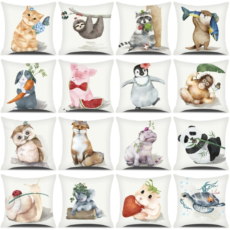 

Cute Animals Pillow Cover Cartoon Cat Gog Rabbit Elephant Hippo Snail Raccoon Printed Throw Pillow Case Sofa Decor Cushion Cover