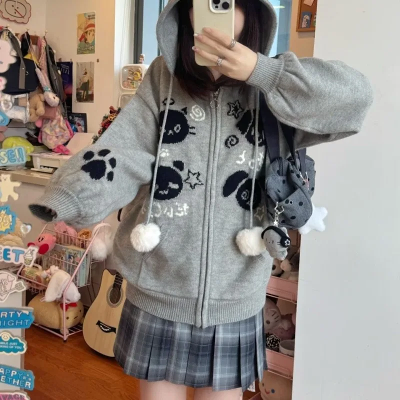 

Kawaii милый стиль Лолиты вязаный кардиган с капюшоном женский японский Y2k Harajuku свитер с принтом сладкого кота трикотажный топ мягкая девушка 2025