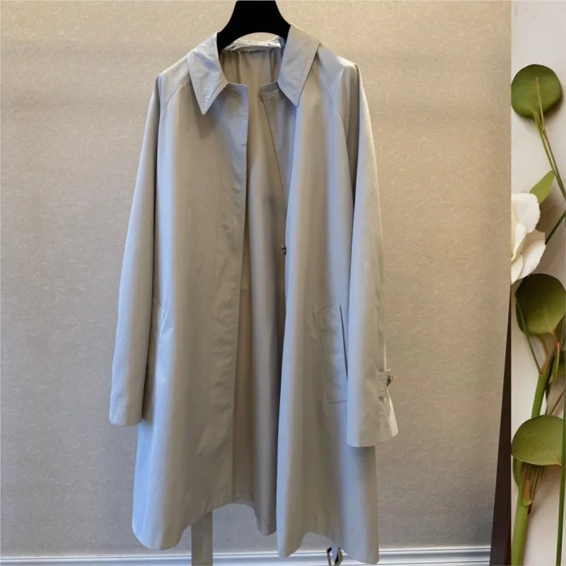 Women Classic Beige Trench Coat Cotton Blend Poplin Anti-Wrinkle Windbreaker Long Belted Lapel Loose Casual Draping Outerwear