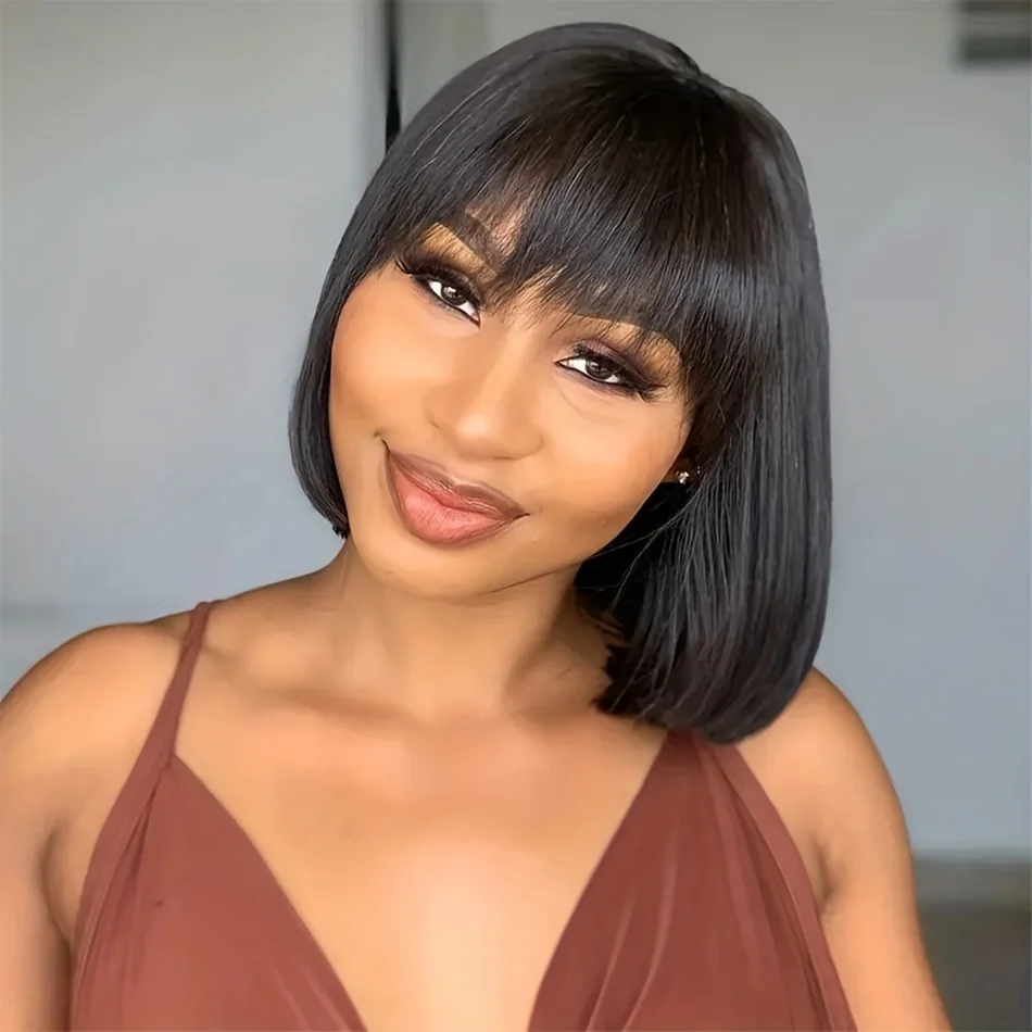 

Short Bob Wigs With Bangs for Woemn Choice Bone Straight Machine Made Human Hair Bob Wigs Brazilian Glueless Wigs Ready to Wear