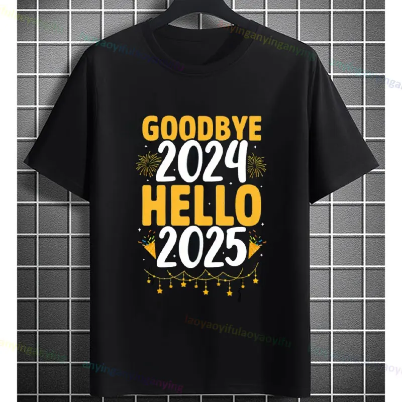

Мужская повседневная хлопковая футболка с принтом «Goodbye 2024 Hello 2025» с круглым вырезом и короткими рукавами, новогодняя праздничная футболка