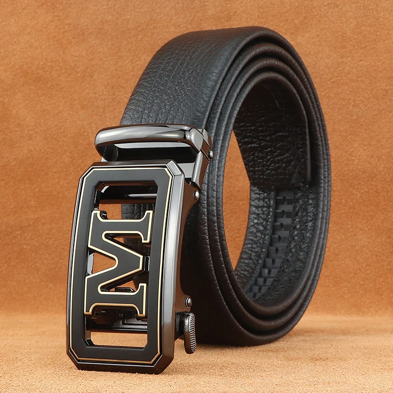 

High quality letter m Automatic Buckle men belts full grain leather designers luxury brand business cintos masculinos
