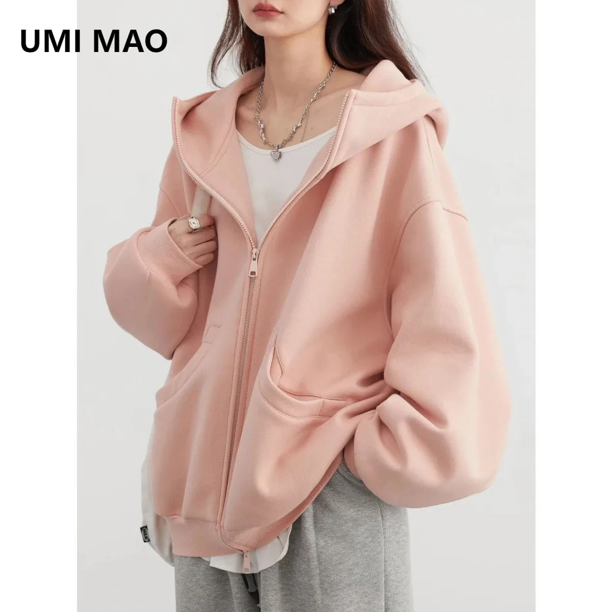 

UMI MAO, женские толстовки из 100% хлопка, свободные повседневные плюшевые свитера с капюшоном и длинными рукавами, двойная молния, пальто большого размера, весна-осень
