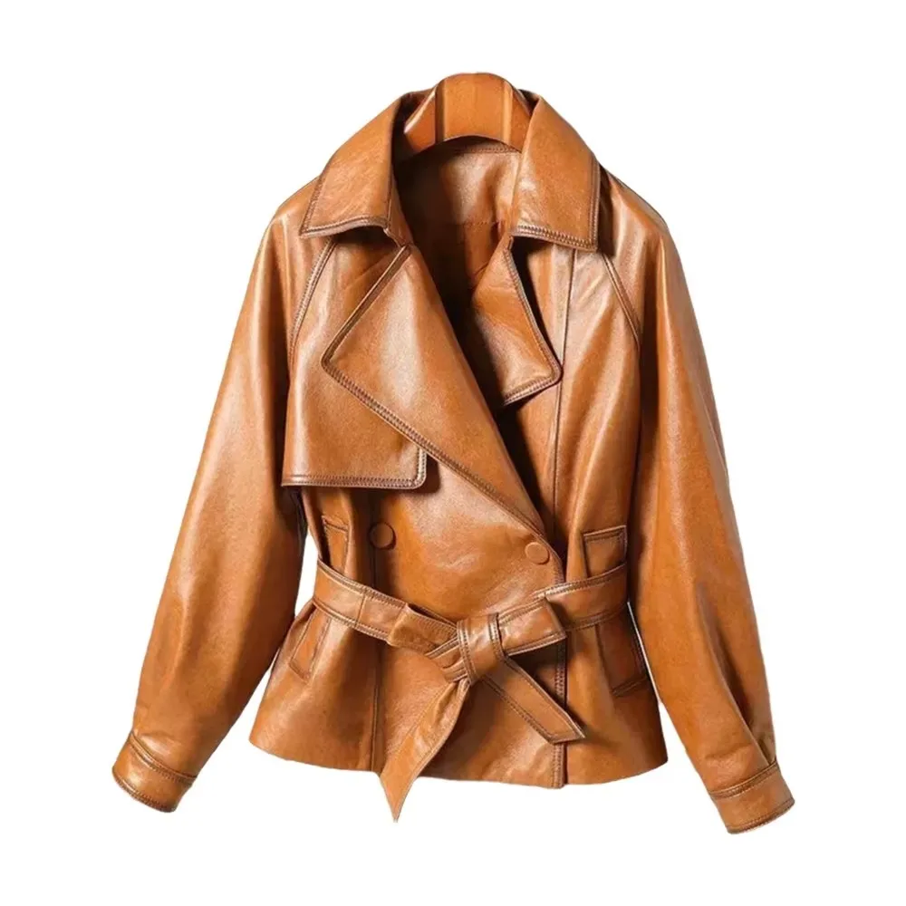 British Style Women's Genuine Leather Jacket 2026 New Casual Lace-up Slim Waist Leather Coats First Layer Sheepskin Short Jacket