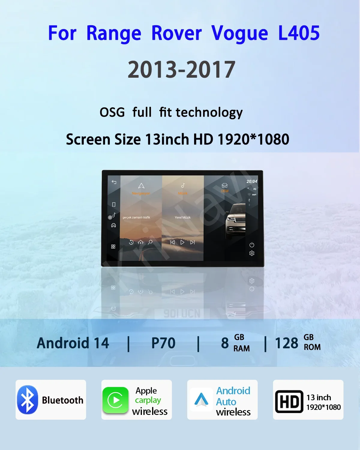 13.3 inches, compatible with 2018-2022 Range Rover Vogue Sport Velar L405 L494 L560, multimedia player, radio, Carplay, 4G, Xiao