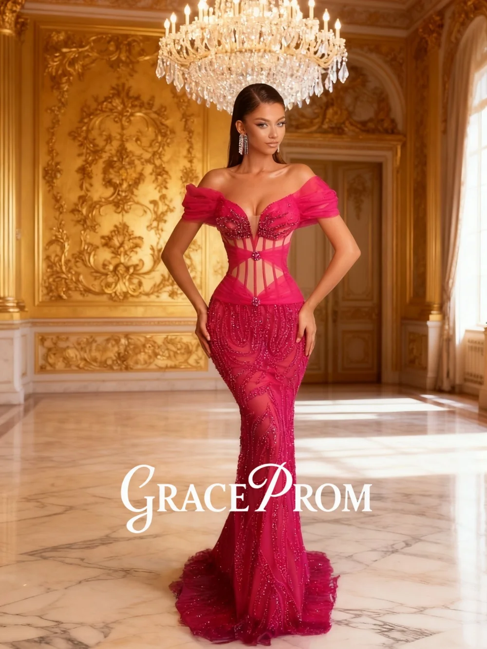 Glamorous Fuchsia Off-Shoulder Crystal-Embellished Mermaid Prom Dress 2026  Elegant Cutout Evening Carpet Dress