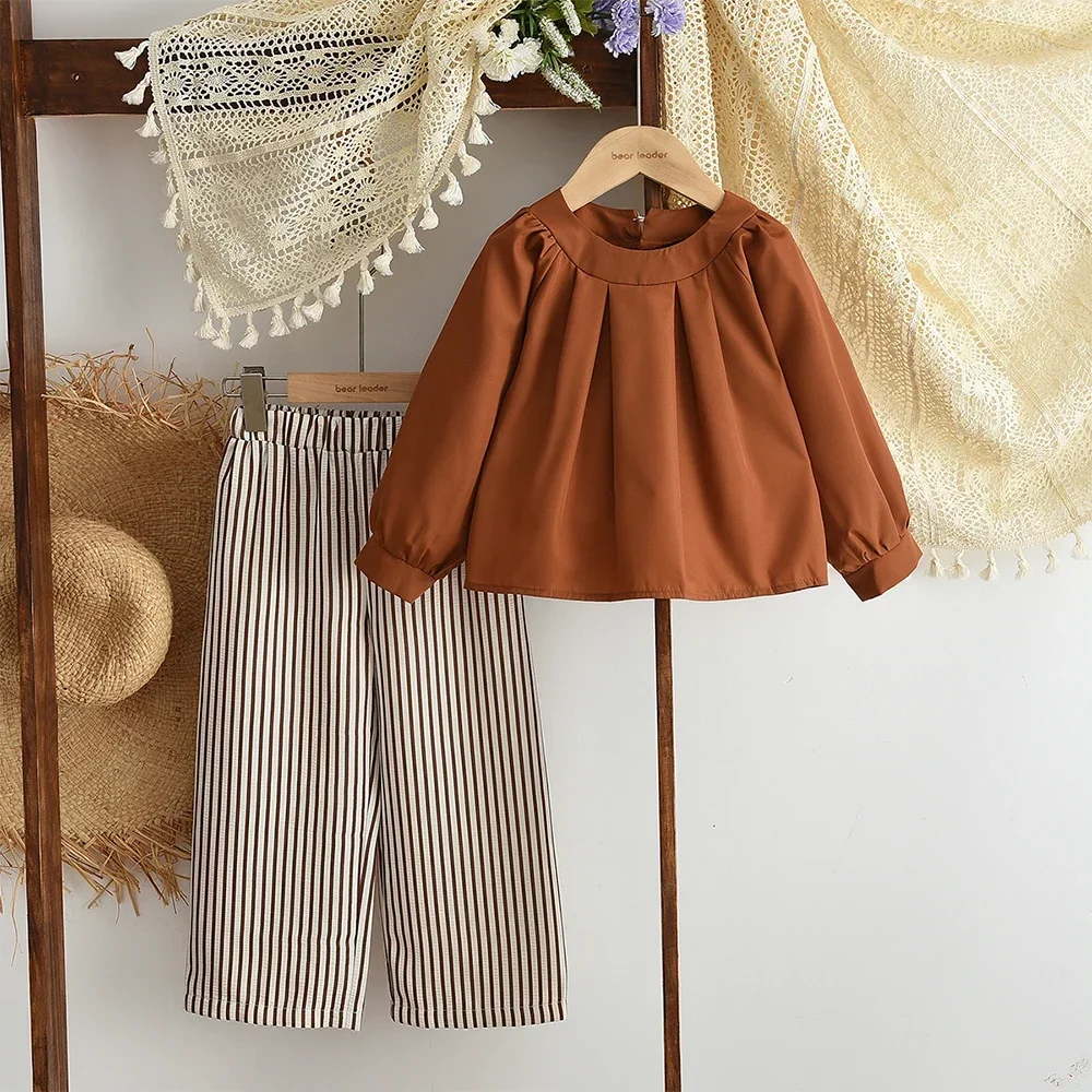 2025 الخريف الفتيات ملابس طويلة الأكمام بلوزات مخطط طباعة فضفاض السراويل 2 قطعة مجموعة الاطفال موضة الملابس الحلوة الزي 3-7 سنوات #1