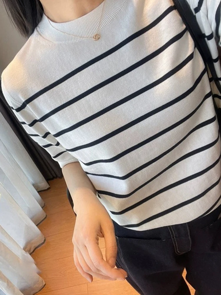 Sommer Faionable Farbe Blo Streifen ort Sve Gestrickte Pullover frauen runde Ne Pullover Top Koreanische Sle Lose Fit