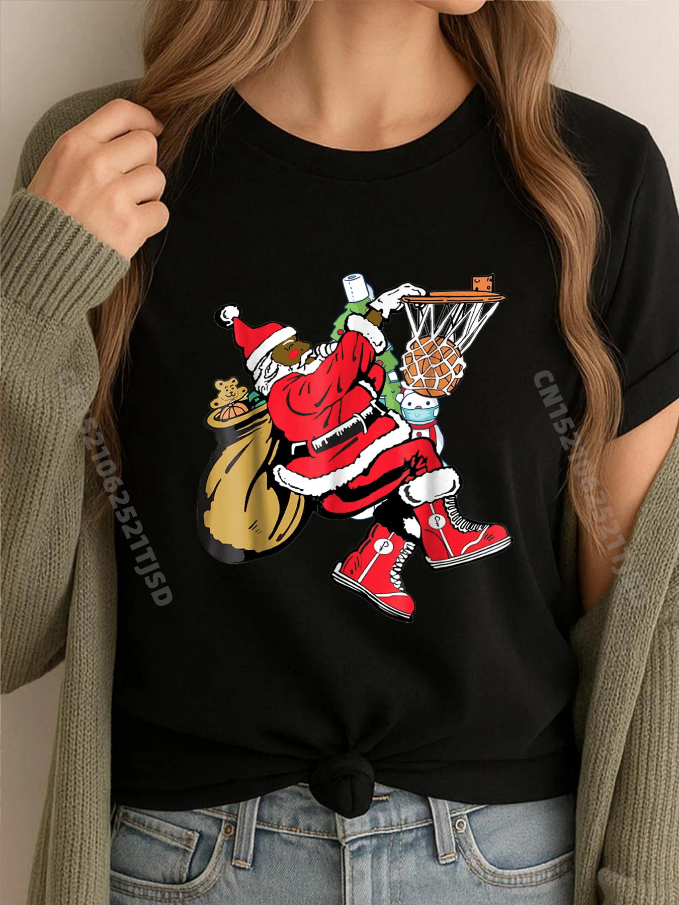 

Black African American Santa Claus Basketball Christmas Hiphop Streetwear Woman Short Sleeve Tee Man Tops Tees Printing
