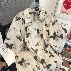 Summer American Street Retro Men and Women Trendy Personalized Butterfly Print Loose Casual Shirt 2024 New Y2K Short Sleeves