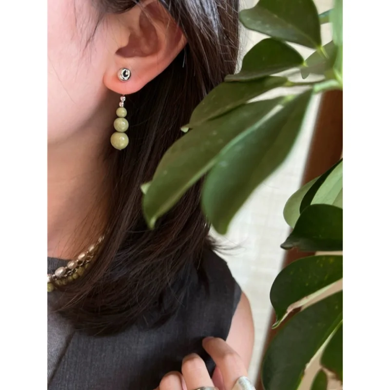 Fashion Avocado Agate Big Small Bead Pendant Earring Women Charm Jewelry Trend Beaded Tassel Eardrop Elegance Banquet Daily Wear
