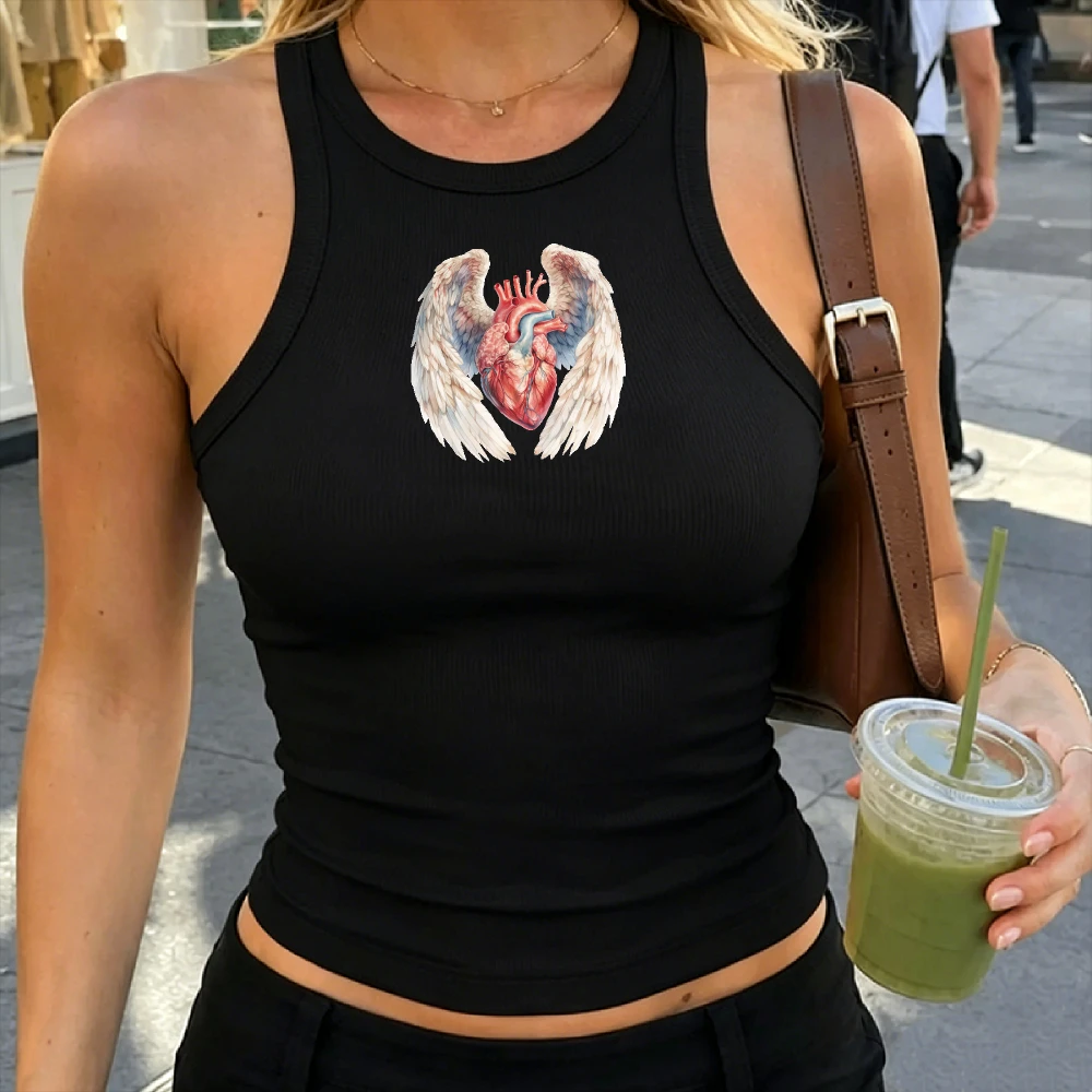 Angel Wings Anatomical Heart Watercolor Painting Art Print Camisole Ribbed Tank Top Crop Y2K Top Women Crew Neck Cropped Slim