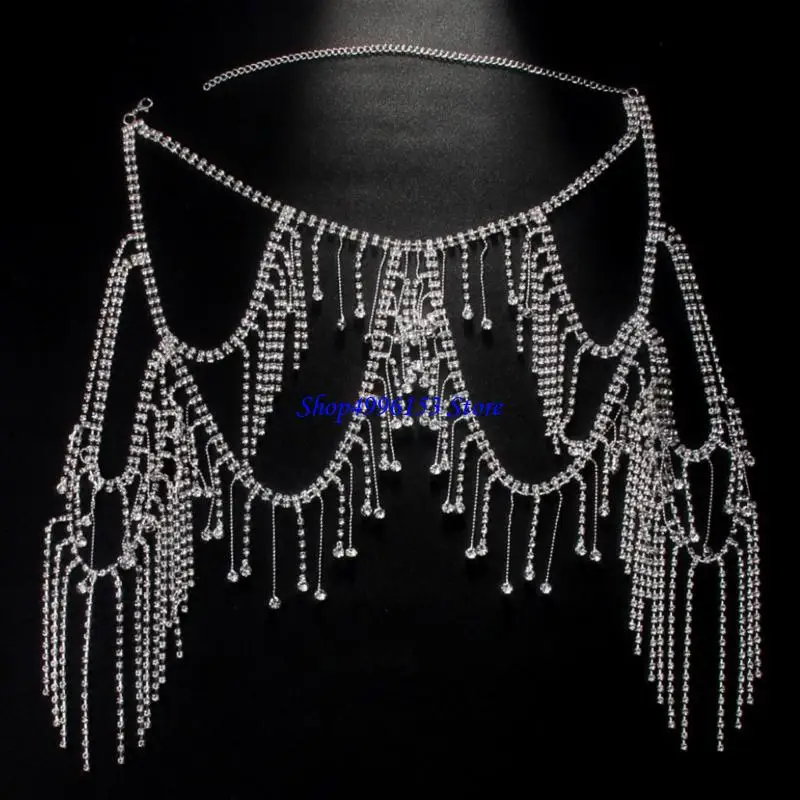 

Q0KE Multi Layer Fringe Shoulder Chain Body Jewelry with Crystal Rhinestones for Women Party Wedding Accessories