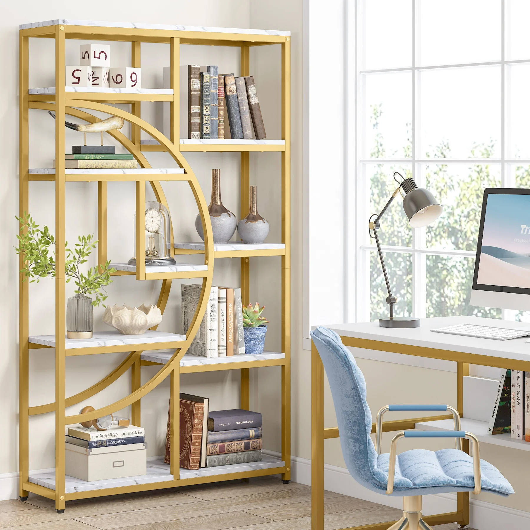 

Tribesigns Modern 5 Tier Marbling Laminate Top Floor Standing Storage Organizer Rack Etagere Shelves Tall Bookcase Display