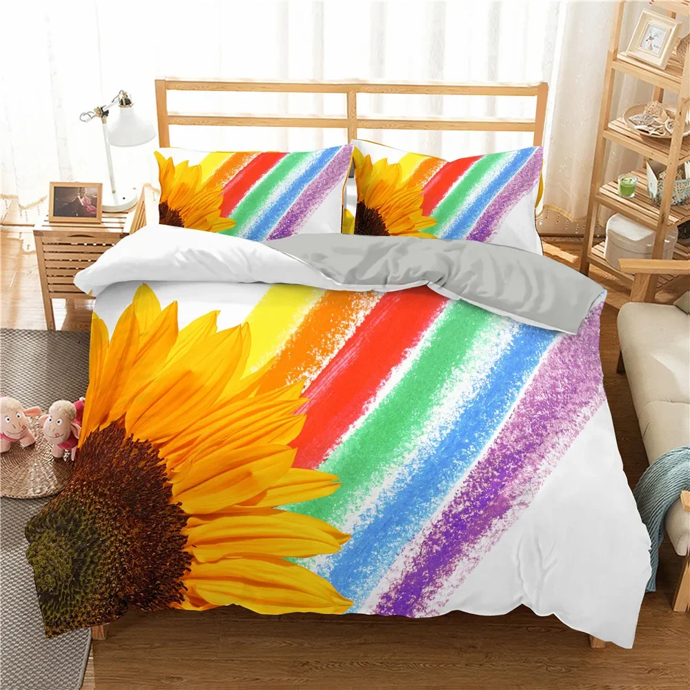 Sunflower Rainbow King Queen Duvet Cover Yellow Flowers Bedding Set for Girl Women Floral Colorful 3pcs Polyester Quilt Cover