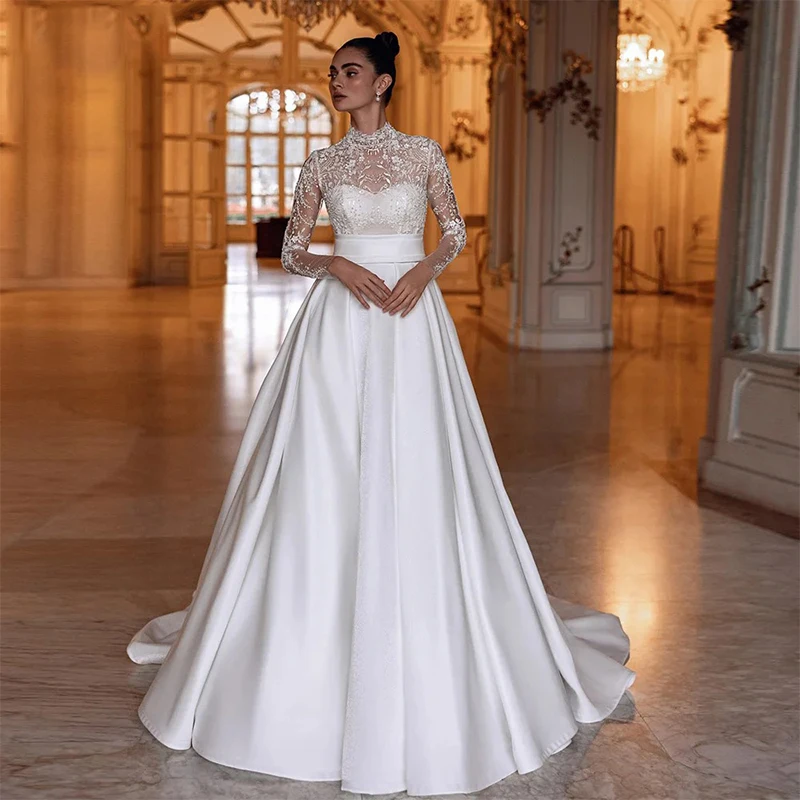 

Exquisite Wedding Dress Beading With Satin A-Line Ball Gown High-Neck Full Sleeve Customized Bride Dress Button Vestido De Novia
