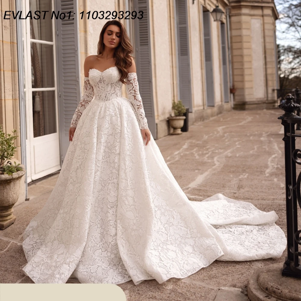 

EVLAST Customized Sparkly A Line Wedding Dress Lace Applique Long Sleeve Beaded Crystal Bridal Gown Vestidos De Novia TBD179