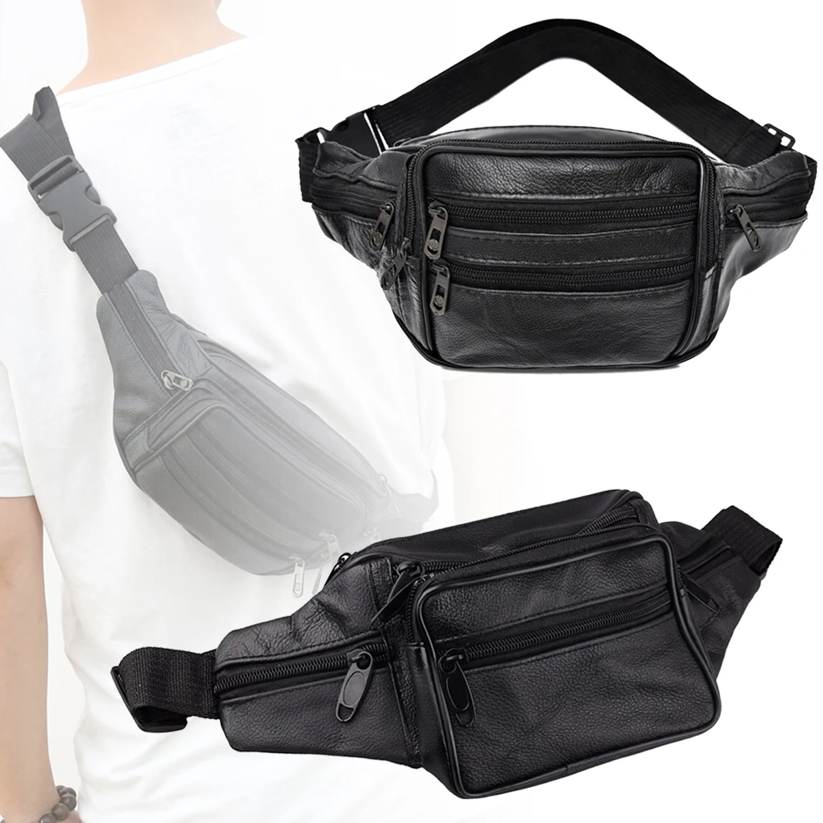 

Classic Multi-layered Men's Waist Bag Waterproof Large Capacity Travel Phone Bag PU Leather Zipper Waist Purse Pack