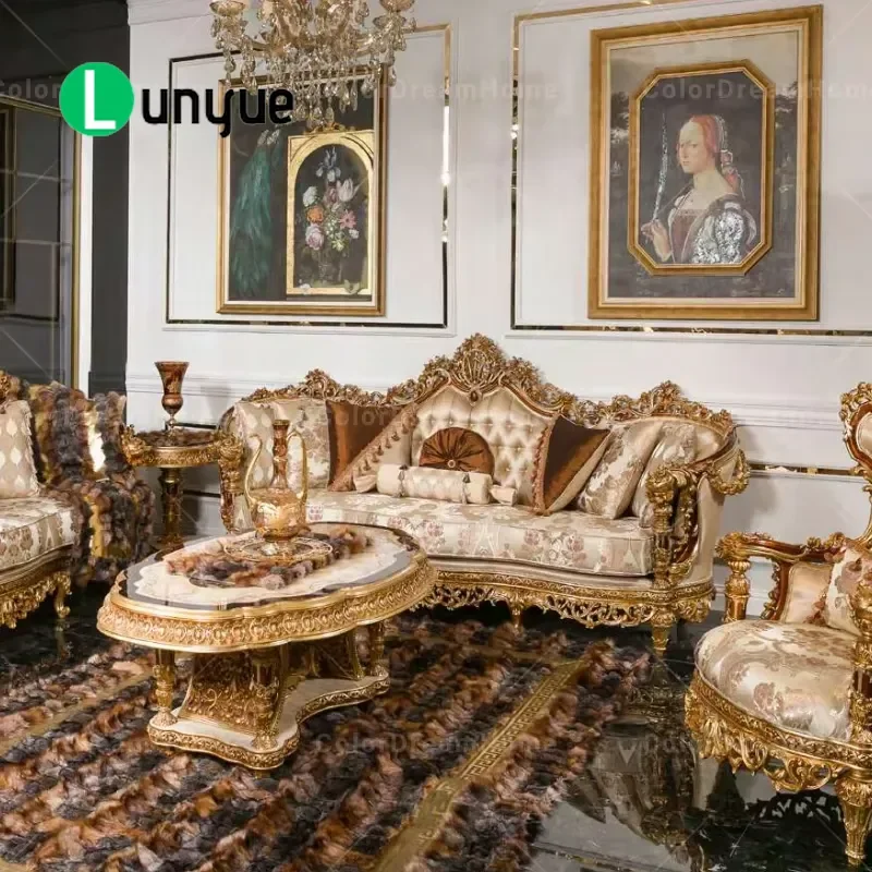 Turkish Style Royal Living Room Sofa Set Luxury Wooden Hard Carved Furniture Elegant Home Decor Comfortable Seating