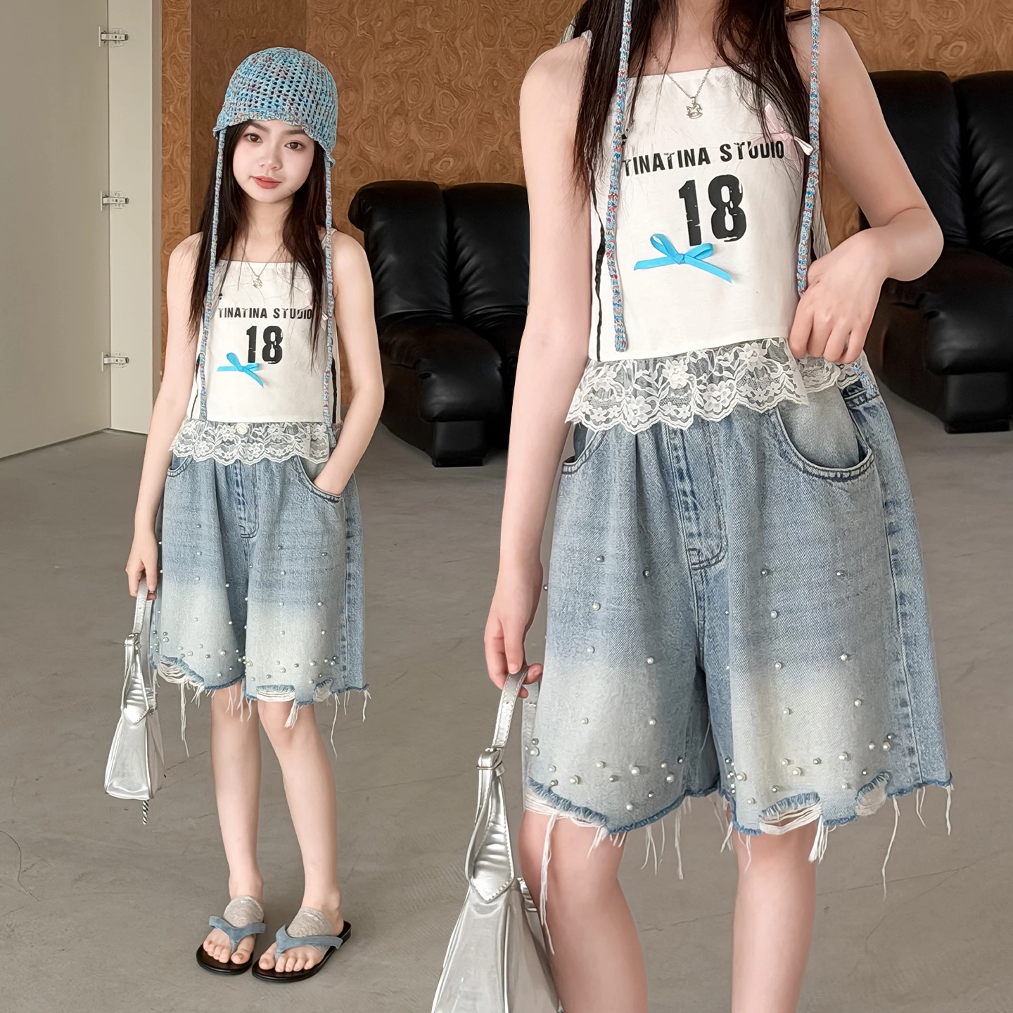 Girls Pearl Ripped Frayed Denim Shorts Summer Loose Casual Versatile Five-Quarter Pants Mid-Length Trousers Teen Child Clothes