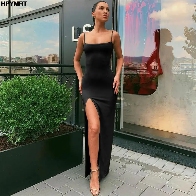 Backless Sexy Strap Split Summer Dress Women Elastic Long Dresses Sleeveless Camisole Clubwear Evening Party Dress Women's Robe