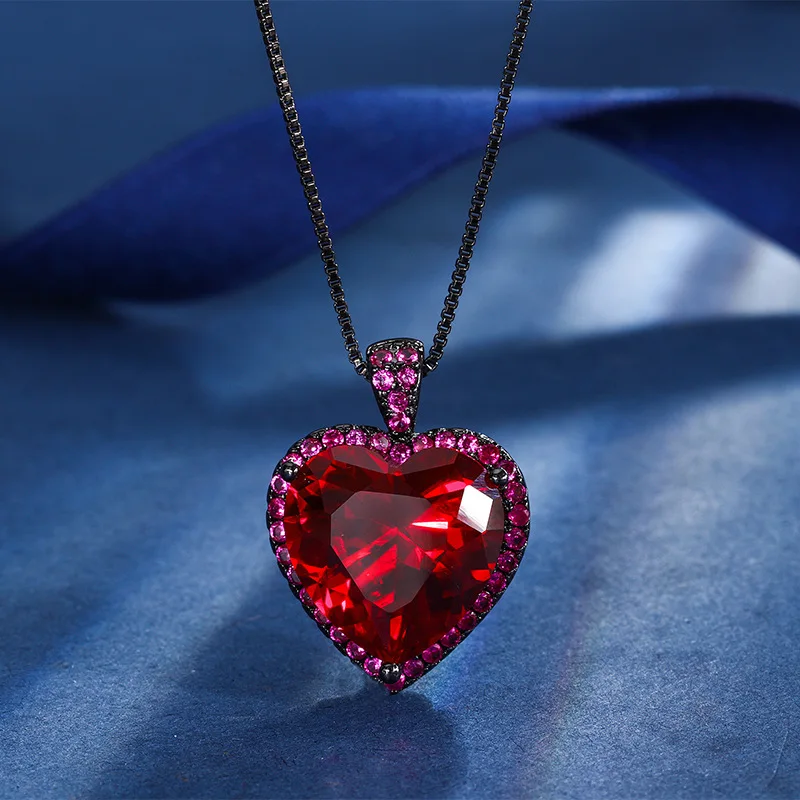 Gold-Plated Colored Red Corundum Blue Pointed Crystal Heart-Shaped Pendant for Women 15*15