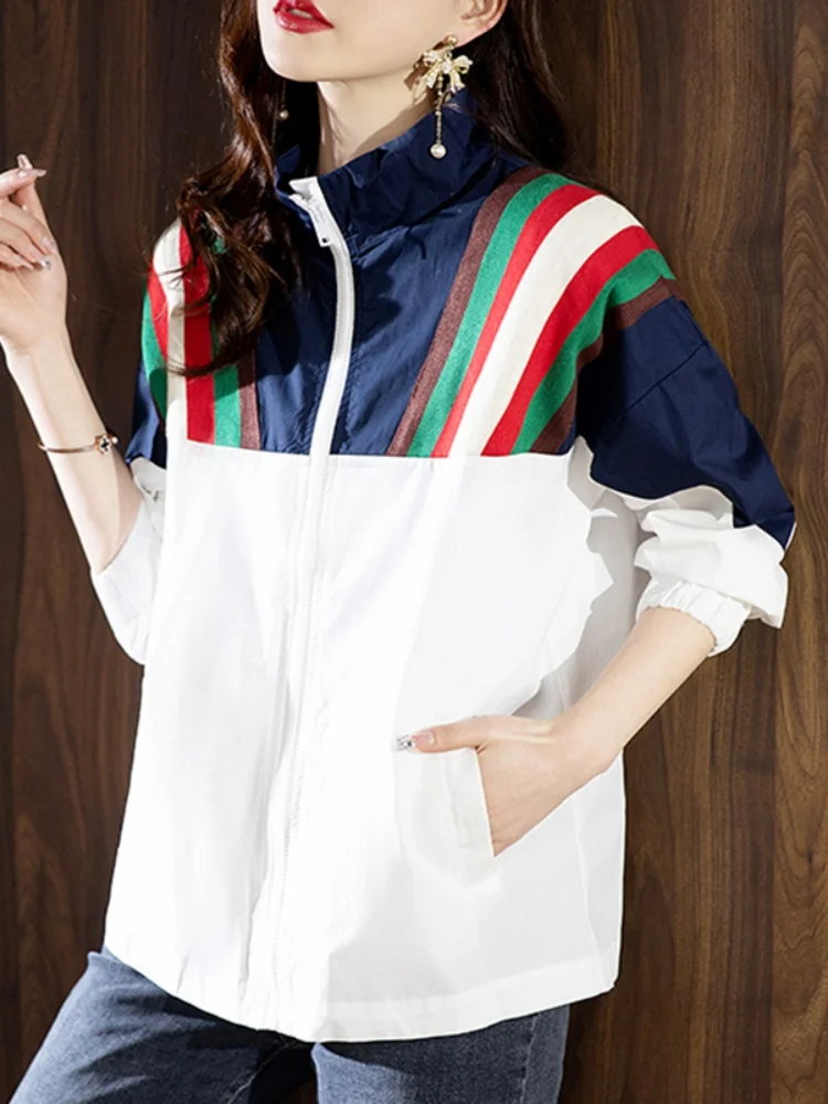 Women's Color Block Sun Protection Jacket Spring Autumn Lightweight Outdoor Breathable Loose Fit Versatile Outerwear